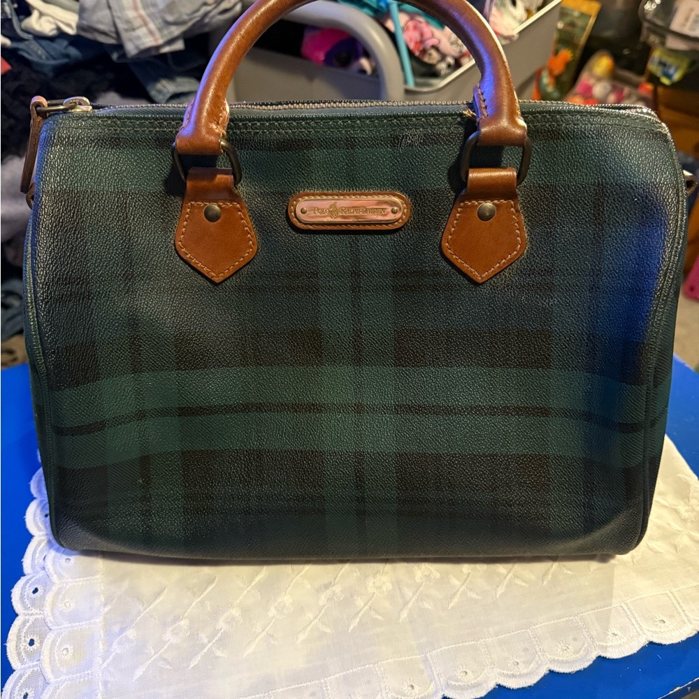 Vintage Authentic Polo Ralph Lauren, Plaid Green and Brown Handbag